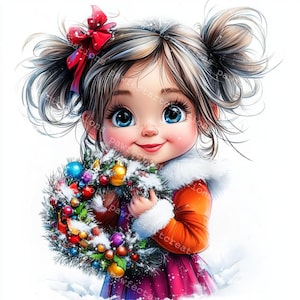 クリスマスリースを持つ風変わりな女の子のクリップアート10点、クリスマスガール、クリスマスカード、印刷可能な水彩画、高品質JPG、ペーパークラフト、ジャンクジャーナル