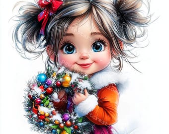 雪だるまを持つ女の子のクリップアート：クリスマス水彩画（デジタル