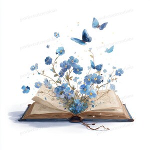 May include: Watercolor illustration of an open book with blue flowers and butterflies emerging from the pages. The book has aged, tan-colored pages and a dark blue cover. Several blue butterflies are flying around the flowers.