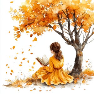 12 meisje zit bij herfstboom Clipart, herfstbomen, vallende bladeren, afdrukbare aquarel, hoogwaardige JPG's, Papercraft, Digital Craft