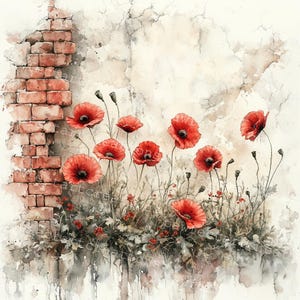 Pode incluir: Pintura em aquarela de papoulas vermelhas crescendo na frente de uma parede de tijolos. As papoulas est&atilde;o em diferentes est&aacute;gios de flora&ccedil;&atilde;o, algumas totalmente abertas e outras ainda em bot&atilde;o. O fundo &eacute; uma suave aquarela de marrom claro e cinza.