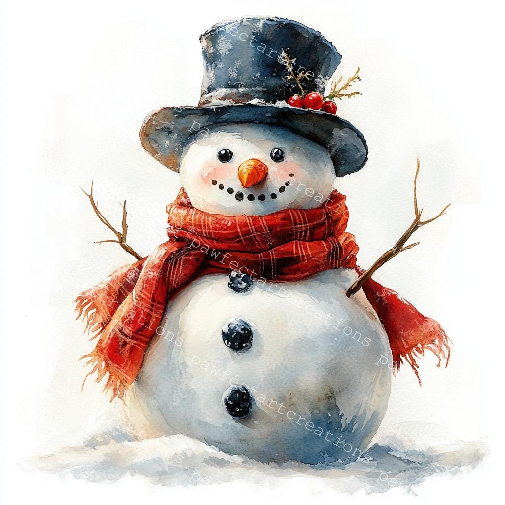 クリスマス雪だるまクリップアート：ジャンクジャーナル用の水彩画 JPG
