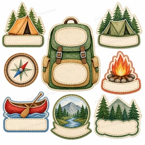 Può includere: Una collezione di adesivi a tema campeggio con uno zaino verde, una bussola, una canoa rossa, un falò, tende e paesaggi montani. Ogni adesivo include un'etichetta color crema vuota con bordi cuciti per l'inserimento di testo personalizzato.