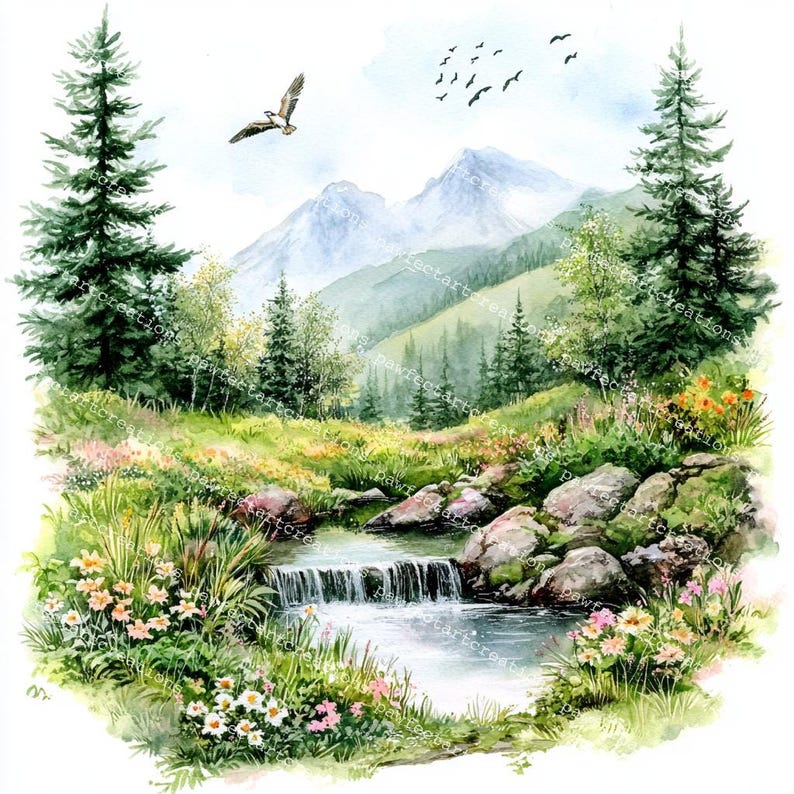 22 Forest Landscape Clipart, Greenery Landscape, Nature Clipart, Printable Watercolor, High-Quality JPGs, Junk Journal, Digital Craft