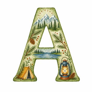 May include: A decorative letter A featuring a watercolor illustration of a mountain landscape with snow-capped peaks, evergreen trees, a blue lake, a yellow tent, a lit lantern, pine branches, pinecones, and small red berries on a light green background.