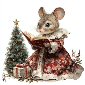 10 imágenes prediseñadas de ratón navideño con vestido vintage, lindo ratón de Papá Noel, acuarela imprimible, archivos JPG de alta calidad, diario basura de papel, manualidades digitales