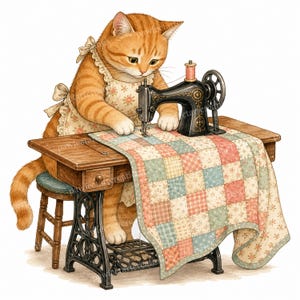 Op de afbeelding: Een oranje cyperse kat met een bloemenschort zit aan een vintage zwarte naaimachine op een houten tafel. De kat naait een patchwork quilt gemaakt van blauwe, roze en crèmekleurige vierkanten. Een klein houten krukje staat onder de tafel.