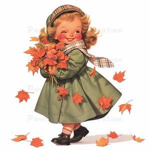 10 Clipart di ragazze retrò in autunno, bambina carina, stagione autunnale, bambola, acquerello stampabile autunnale, JPG di alta qualità, carta, diario spazzatura