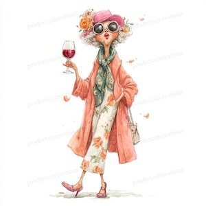 Puede incluir: Ilustración en acuarela de una mujer elegante con abrigo, sombrero y gafas de sol rosas, sosteniendo una copa de vino tinto. Lleva pantalones florales y una bufanda verde, con un bolso. Estilo artístico y caprichoso.
