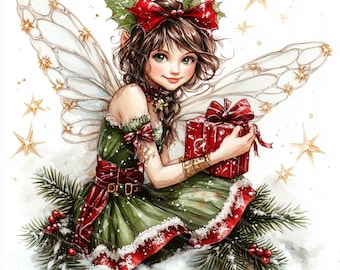 May include: A fairy with green and red wings and a red bow in her hair holds a red gift box with a white bow. She is sitting on a snowy surface with green pine branches and red berries.