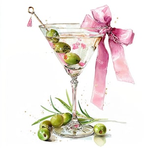 Op de afbeelding: Waterverfillustratie van een martiniglas gevuld met een heldere vloeistof, groene olijven en roze bloemblaadjes. Een roze lint is om het glas gebonden. Een gouden cocktailprikker met een roze kwastje zit in het glas. Groene olijven en bladeren aan de basis.