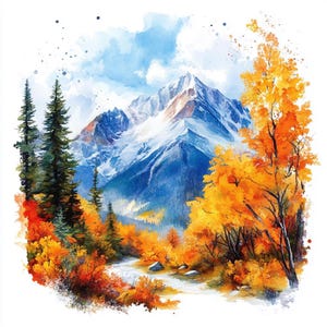 Peut inclure: Peinture à l'aquarelle d'une chaîne de montagnes avec des sommets enneigés, entourée de feuillages d'automne dans des tons d'orange, de jaune et de rouge. Un petit ruisseau traverse la vallée.