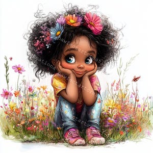 12 Quirky Black Girl With Flower Clipart, African Girl Clipart, Printable Watercolor, High-Quality JPGs, Junk Journal, Digital Craft