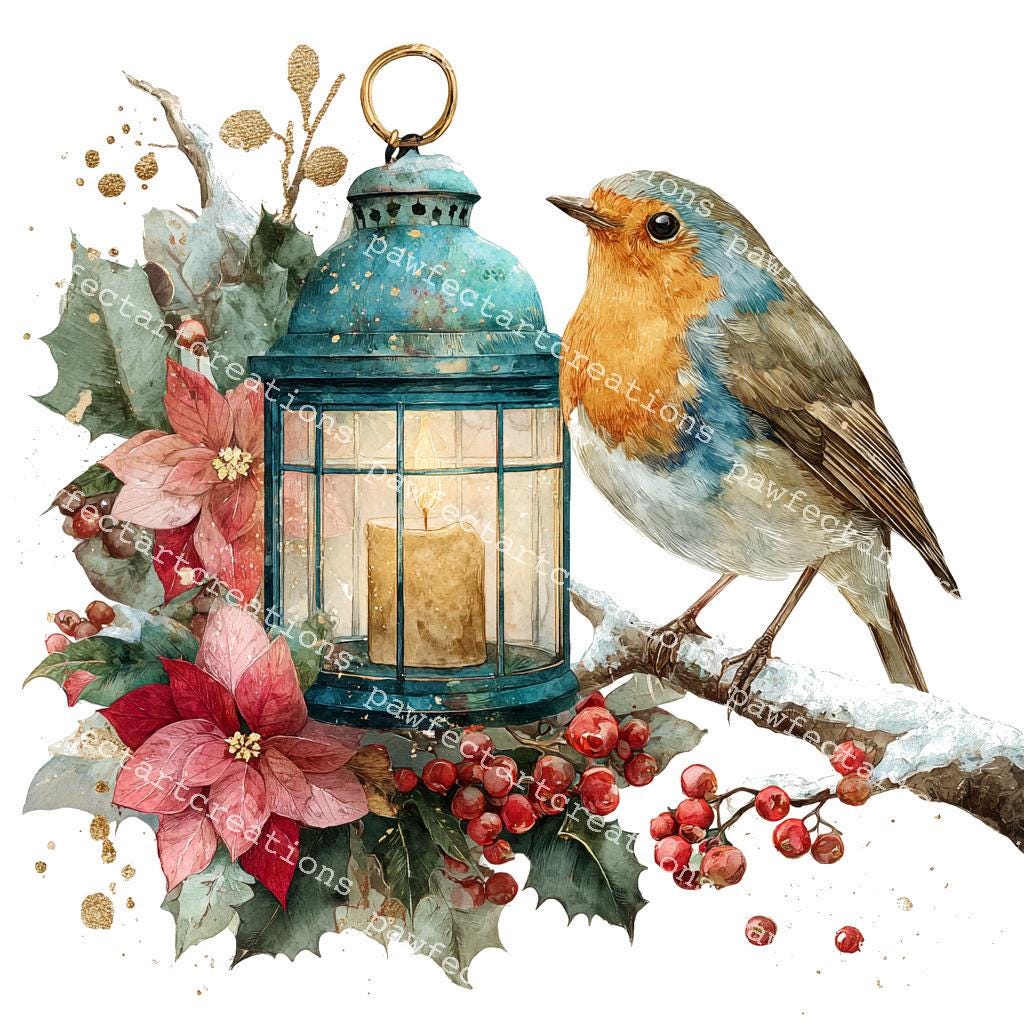 クリスマスランタンと鳥のクリップアート15点、クリスマスカード