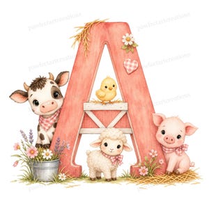 Puede incluir: Ilustración en acuarela de la letra "A" con temática de granja. Una letra "A" roja está decorada con una vaca, un pollito, un cordero y un cerdo. La vaca y el cerdo llevan pañuelos. El pollito está en una valla de madera. Flores y heno completan el diseño.