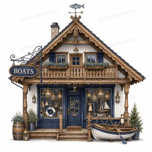 Könnte beinhalten: Aquarellillustration eines charmanten Bootsladens mit einem Schild "BOATS". Der Laden hat eine Holzfassade mit blauen Akzenten, einen kleinen Balkon und eine Fisch-Windfahne. Ein kleines Ruderboot steht auf der Veranda, und nautische Artikel werden in den Fenstern ausgestellt.