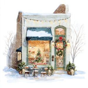 Op de afbeelding: Waterverfschilderij van een feestelijke winkelpui in de winter. Het gebouw heeft een met sneeuw bedekte luifel en dak, met een kerstboom zichtbaar door het raam. Een krans siert de deur en lichtslingers zijn erboven gespannen. Buiten staan een kleine tafel en stoelen.