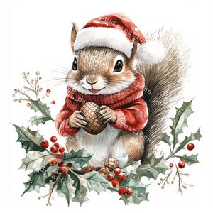10 cliparts mignons écureuils de Noël, fabrication de cartes de Noël, aquarelle imprimable, fichiers JPG de haute qualité, créations en papier, journal indésirable, créations numériques