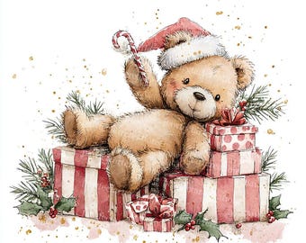 20 Whimsical Teddy Bear Clipart, Baby Bear, Christmas Card, Christmas Tree, Printable Watercolor JPGs, Papercraft, Junk Journal