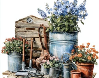 Vintage Gardening Tools Watercolor Clipart: Spring Garden Art