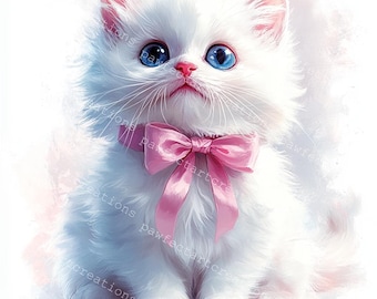 Weiße Katze Clipart: Aquarell Kätzchen mit rosa Schleife (JPG Digital Download)