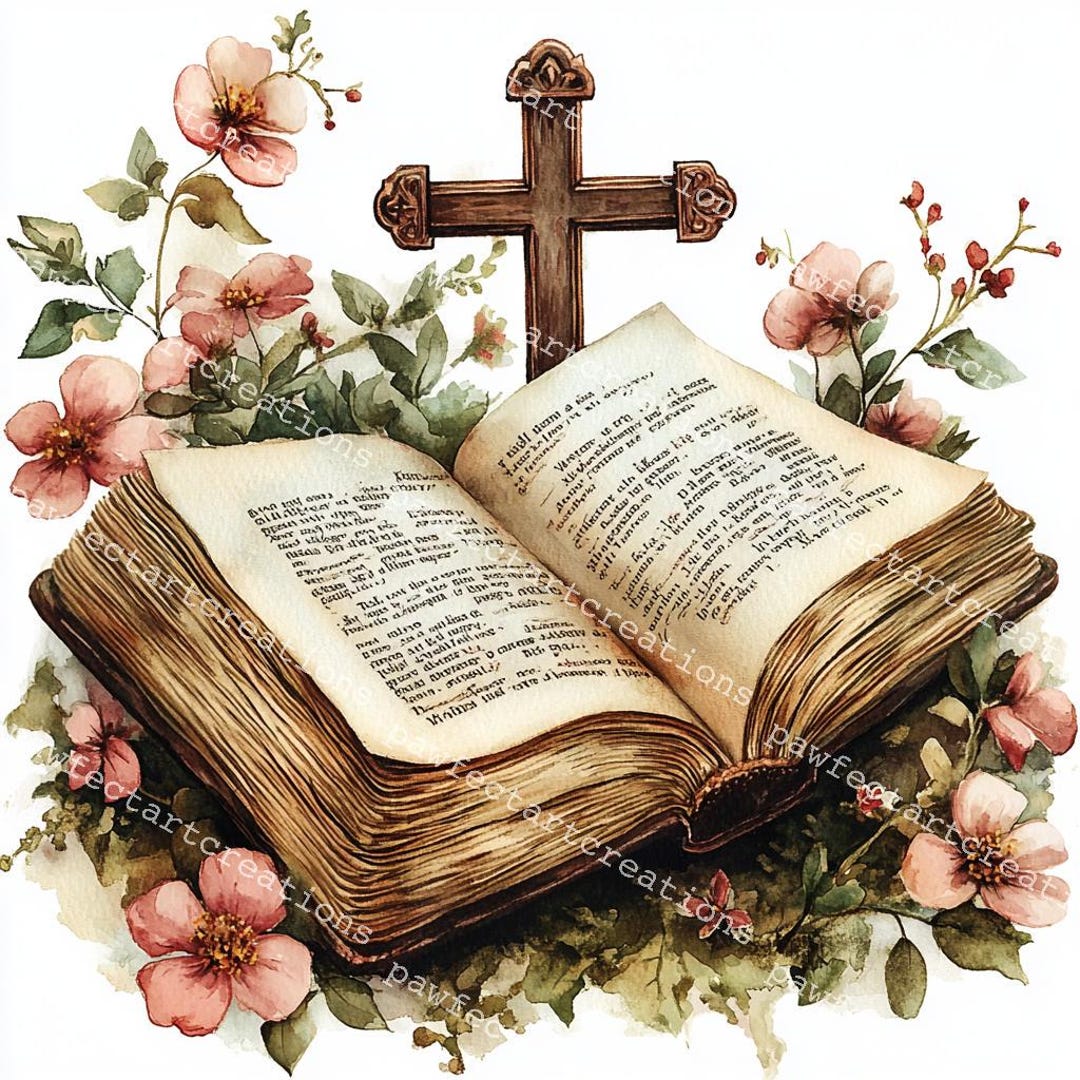 Watercolor Bible & Cross Clipart: Religious Floral Design