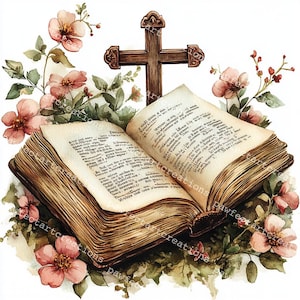 Watercolor Bible & Cross Clipart: Religious Floral Design (Digital Download)