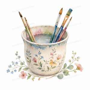 May include: Watercolor illustration of a ceramic cup filled with water and paintbrushes. The cup is decorated with floral patterns in pink, yellow, and blue. The paintbrushes have wooden handles and various brush head shapes.