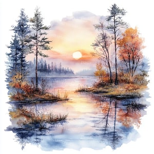 Lake Sunrise Clipart: Watercolor Landscape JPGs for Junk Journals (Digital Download)