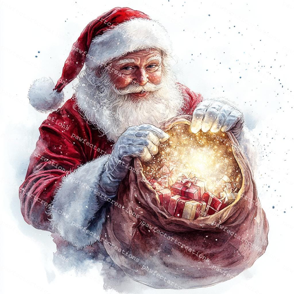 水彩画 花とサンタ  水彩画　原画 原画 水彩画 犬 サンタ クリスマス ポストカード 手描きイラスト