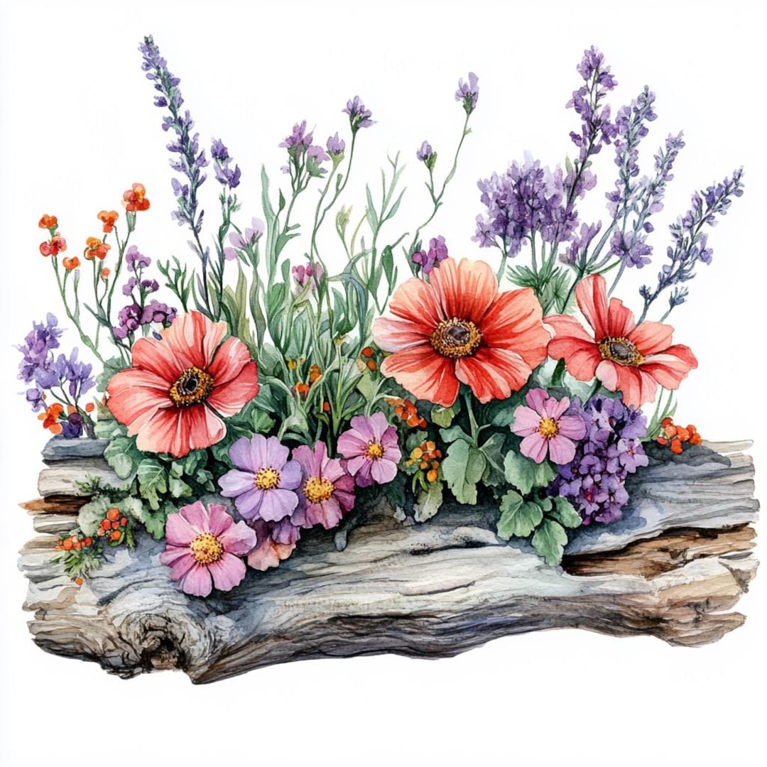 20 Wildflower Clipart: Watercolor Flowers on Log (digital Download