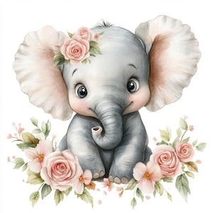 18 baby bloemenolifant clipart, olifant kinderkamer kunst aan de muur, babyolifant, afdrukbare aquarel, hoogwaardige jpg's, papercraft, junk Journal