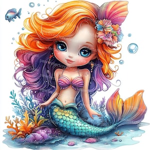 12 Magical Cute Mermaid Clipart, Little Mermaid Under the Sea, Printable Watercolor, High-Quality JPGs, Papercraft, Junk Journal, Wall art