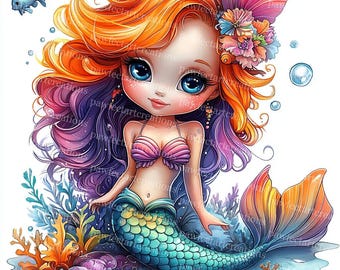 12 Magical Cute Mermaid Clipart, Little Mermaid Under the Sea, Printable Watercolor, High-Quality JPGs, Papercraft, Junk Journal, Wall art