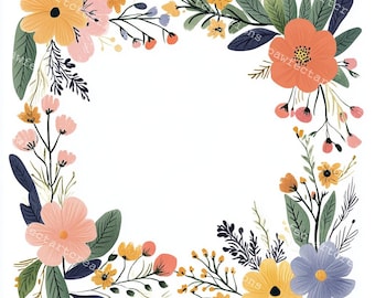May include: A floral illustration featuring a square border of colorful flowers and foliage. The design includes orange, yellow, pink, and blue flowers with green leaves and dark blue accents, set against a white background.