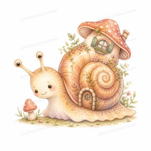 20 Cottage Mushroom Snail Clipart, Watercolor JPG Clipart Bundle, Digital Download, Commercial Use, Printable Art