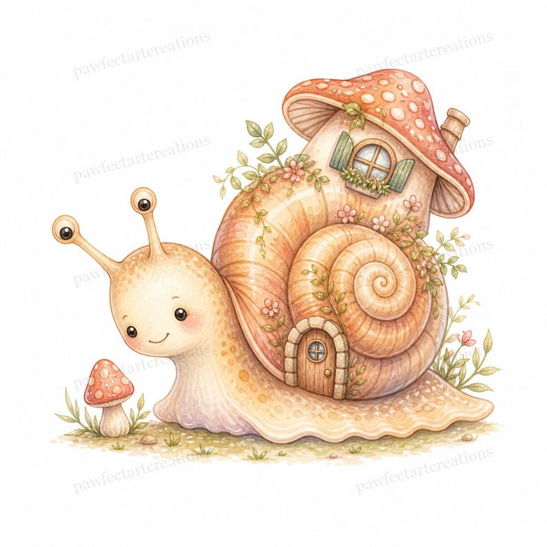 20 Cottage Mushroom Snail Clipart, Watercolor JPG Clipart Bundle, Digital Download, Commercial Use, Printable Art