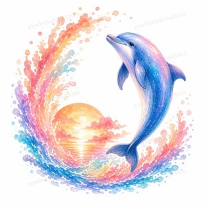25 Sunset Dolphin Clipart, Cute Ocean Watercolor Art, Tropical Sea Life ...