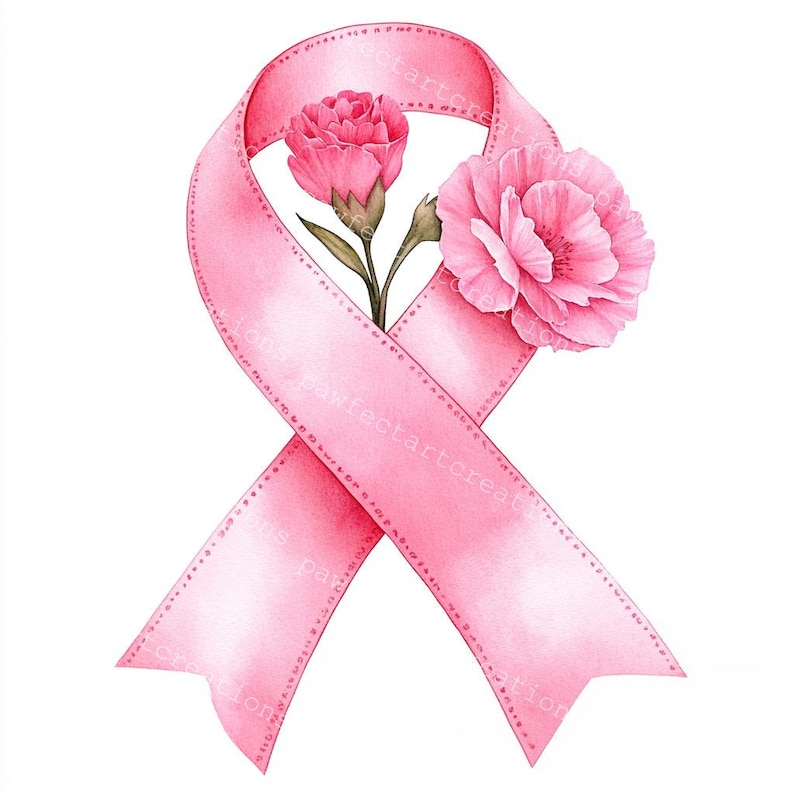13 Pink Awareness Ribbon with flower Clipart, Breast Cancer Awareness, Printable Watercolor, High-Quality JPGs, Papercraft Junk Journal, Digital Craft