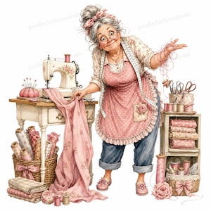 May include: An illustration of an older person with grey hair in a bun, wearing glasses, a floral blouse, a pink polka-dot apron, and blue jeans. They stand beside a sewing machine, fabric rolls, a basket of thread, and sewing supplies.