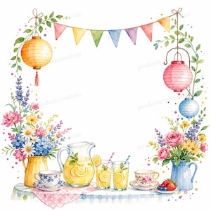 May include: A watercolour illustration depicting a tea party. The scene includes a table set with a jug of lemonade, glasses, teacups, and floral displays. A colourful bunting and paper lanterns hang above the table. Lemons and berries are also visible.