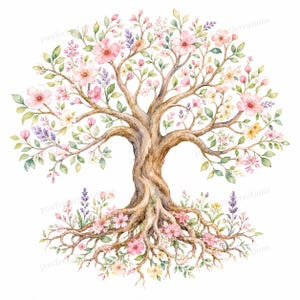 May include: A watercolour illustration of a tree with a detailed trunk and roots, decorated with pink, purple, and yellow flowers. The branches are filled with green leaves, creating a vibrant and natural design.