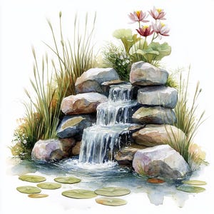 Watercolor Garden Fountain Clipart: Floral JPGs for Junk Journals (Digital Download)