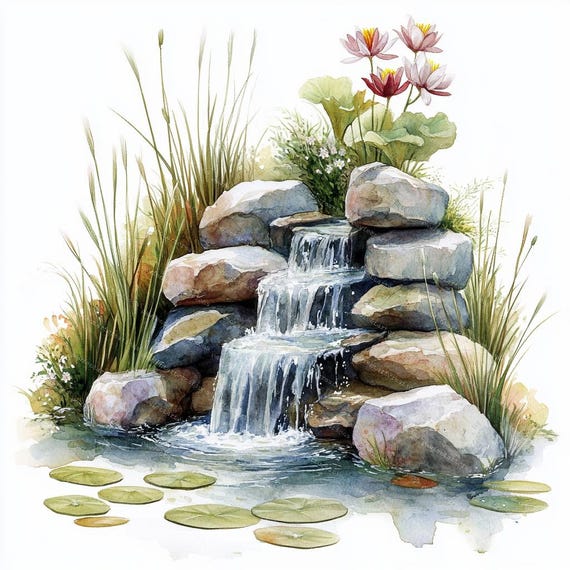 Watercolor Garden Fountain Clipart: Floral JPGs for Junk Journals (Digital Download)