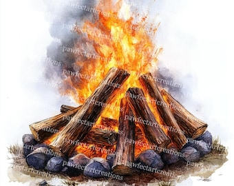 焚き火のクリップアート：水彩画のキャンプファイヤー、薪（デジタル