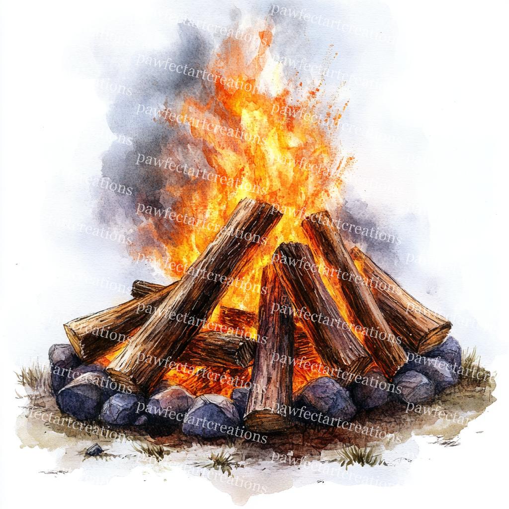 焚き火のクリップアート：水彩画のキャンプファイヤー、薪（デジタル