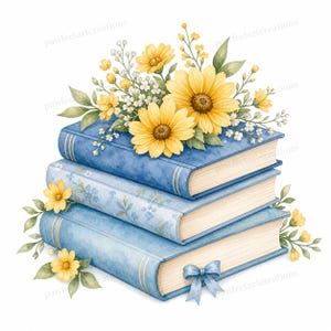 May include: Watercolor illustration of a stack of three blue books with gold trim. The books are adorned with yellow sunflowers, small white flowers, and green leaves. A blue ribbon is tied on the bottom book.