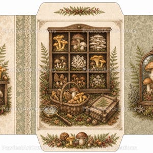 May include: A flat-lay paper envelope template featuring a botanical illustration of mushrooms in a wooden cabinet, a wicker basket, a magnifying glass, and a glass cloche. The design includes fern leaves, lace borders, and a cream and sage green palette.