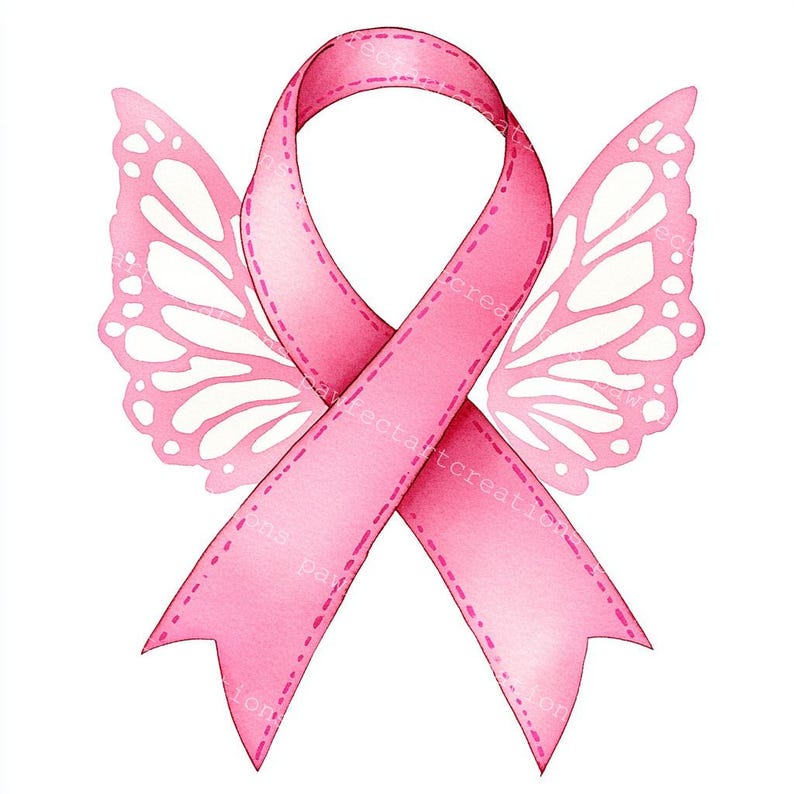 13 Pink Awareness Ribbon with butterfly wing Clipart, Breast Cancer Awareness, Printable Watercolor, High-Quality JPGs, Papercraft Junk Journal, Digital Craft