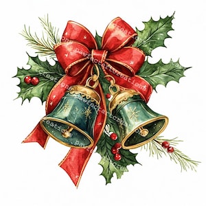 10 Clipart di campane di Natale, Immagini di campane dorate, Jingle Bell, Acquerello stampabile, JPG di alta qualità, Giornale di carta riciclata, Artigianato digitale